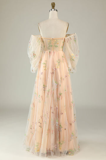 A Line Off The Shoulder Long Sleeves Champagne Tull Prom Dress with Embroidery